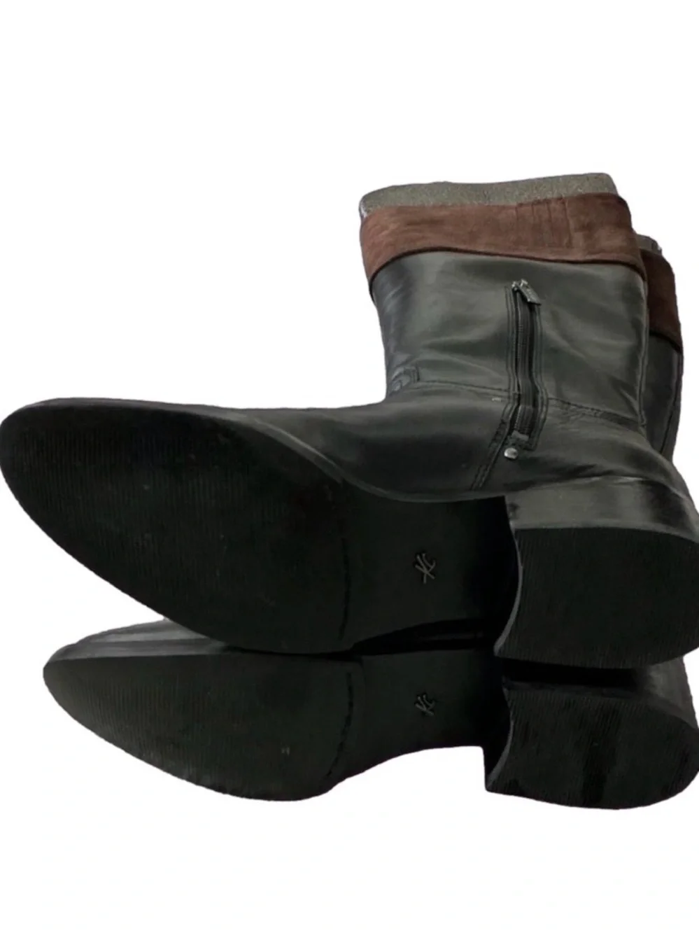 Calvin Klein Black Leather Over-the-Knee Boots with Brown Suede Cuff